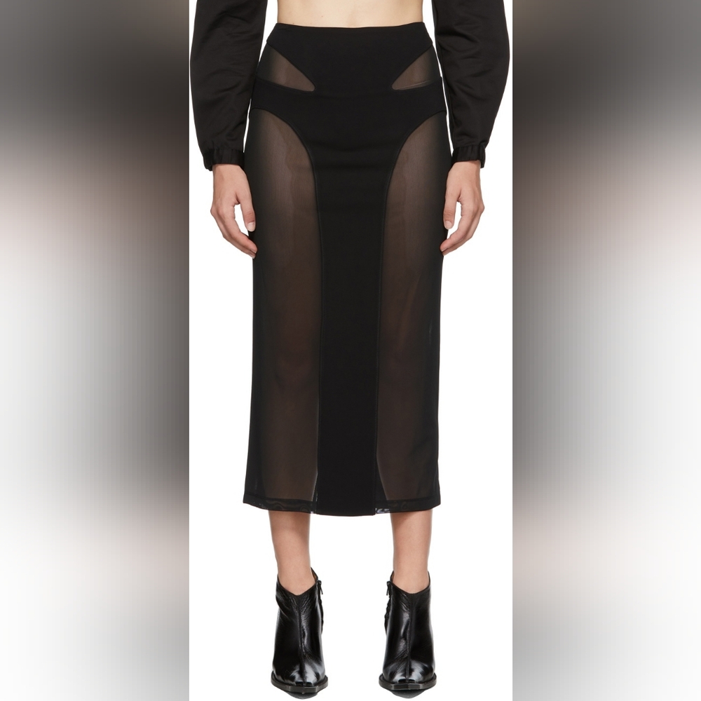 DION LEE Black Powertulle Sheer Panel Contour Midi Skirt
